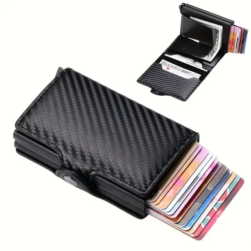 Rfid Aluminum Double Deck Buckle Men Card Holder Small Card Wallets Carbon Fiber Leather Slim Mini Wallet Quality Male Purses