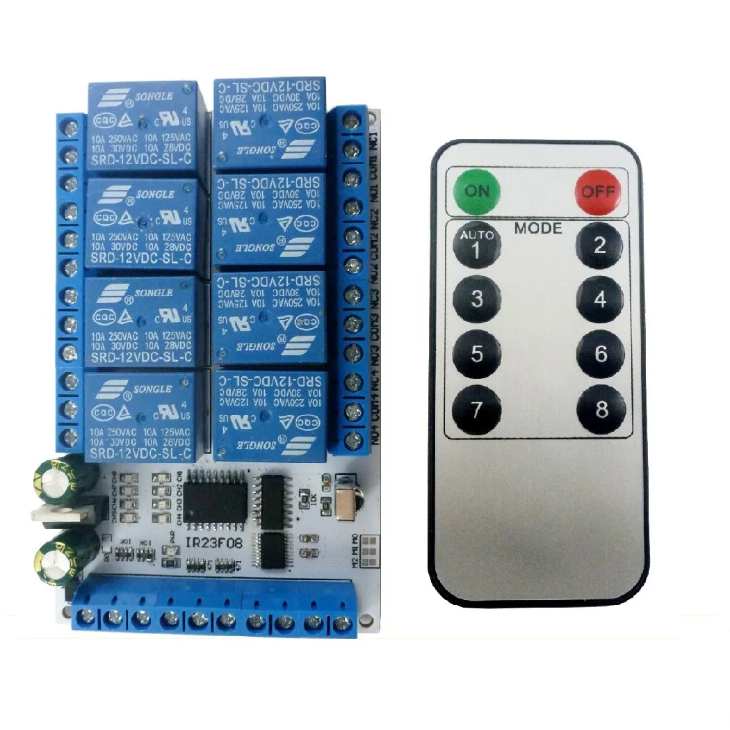 

IR23F08 DC 5V 12V 8 Channel Multi-Function Infrared Remote Control Relay Module Four ModeS NPN Trigger Time Delay Relays