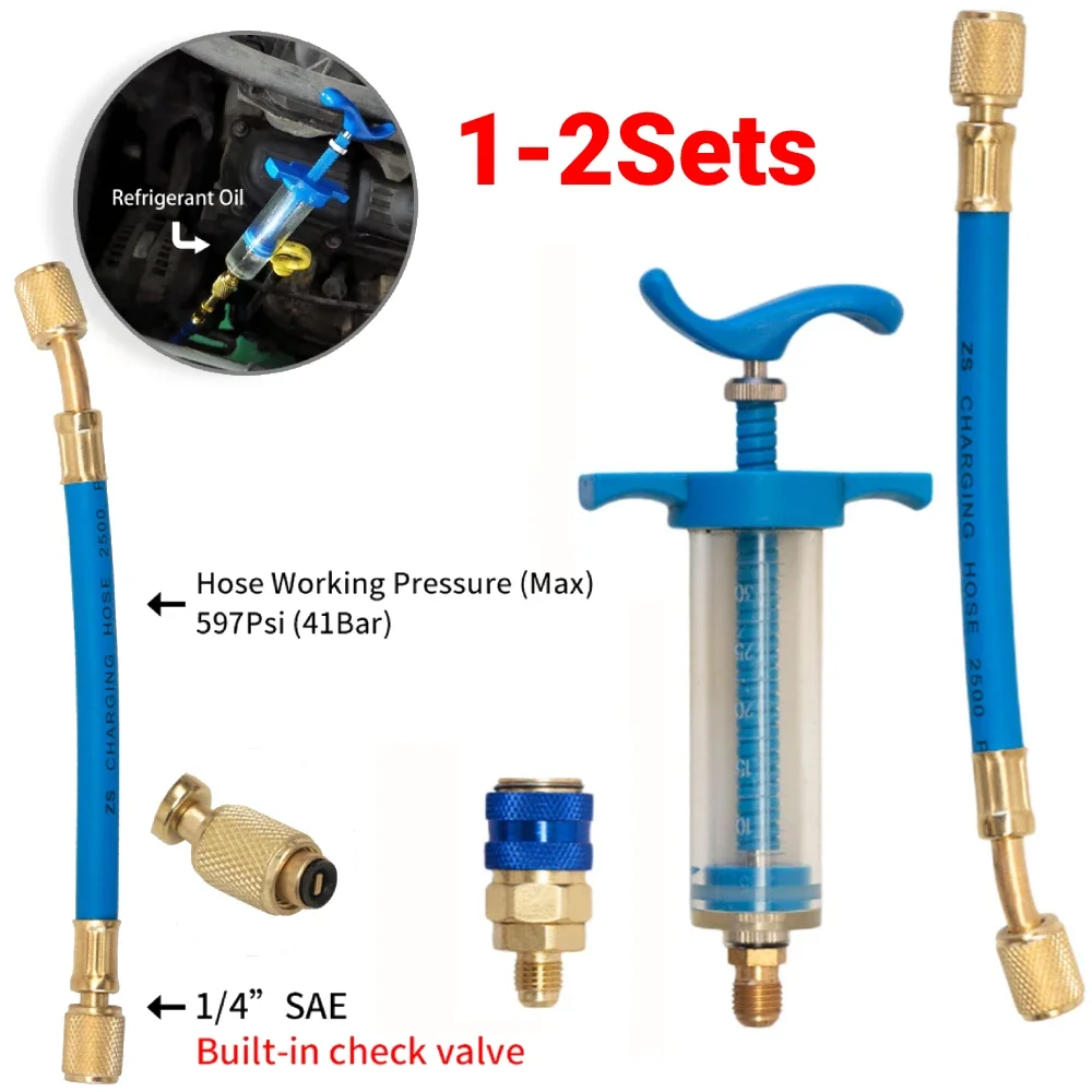 Auto A/C Oil/Dye Injector 1Oz R134A Low Side Quick Coupler Adapter 1/4 Oil Syringe  Manual Oiler Injection For Cars Air Conditio