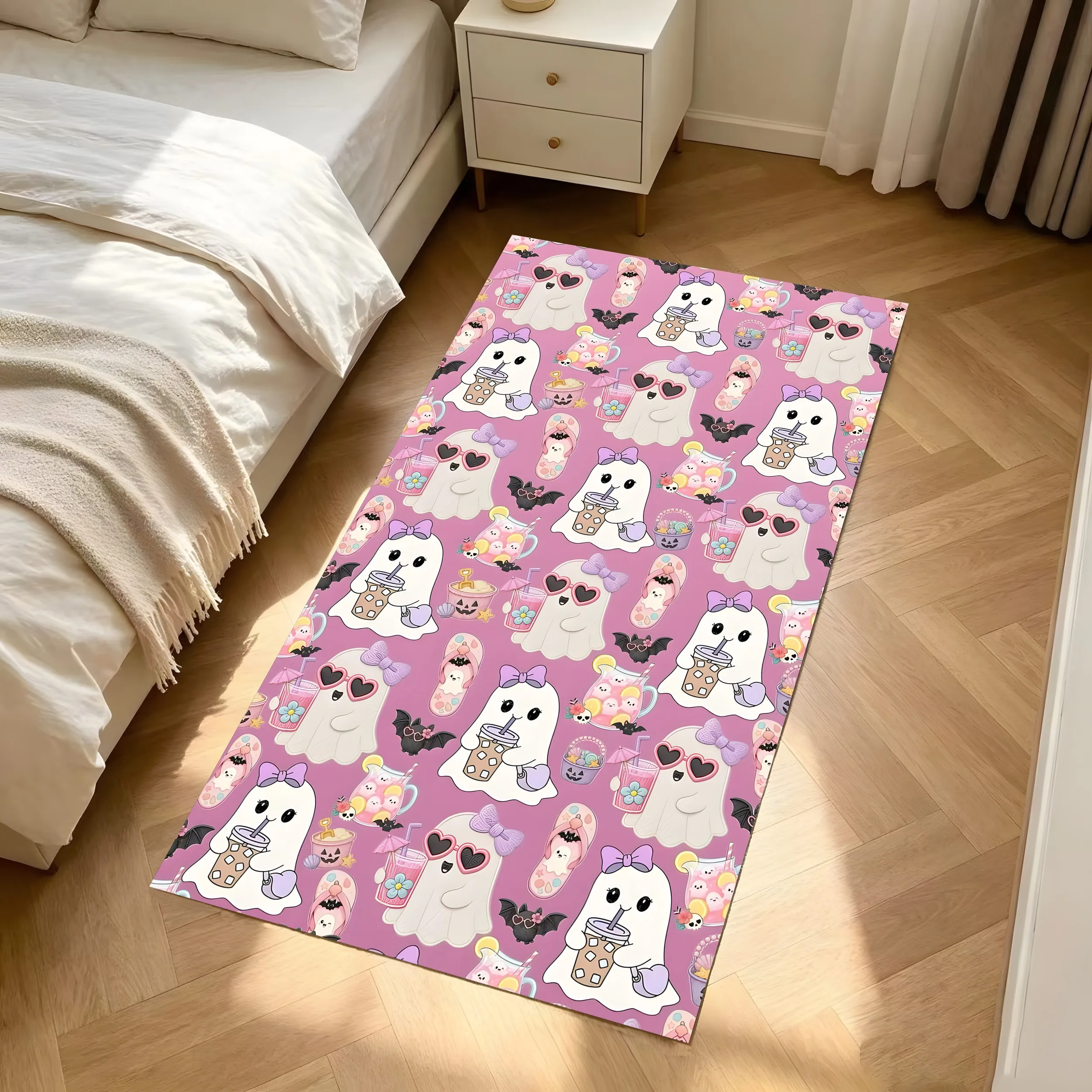 2D Carpet Pink Foundation Ghost Bat Print Sweet Cute Y2K Style Soft Adorable Eye Catching Halloween Playful Festive Atmosphere