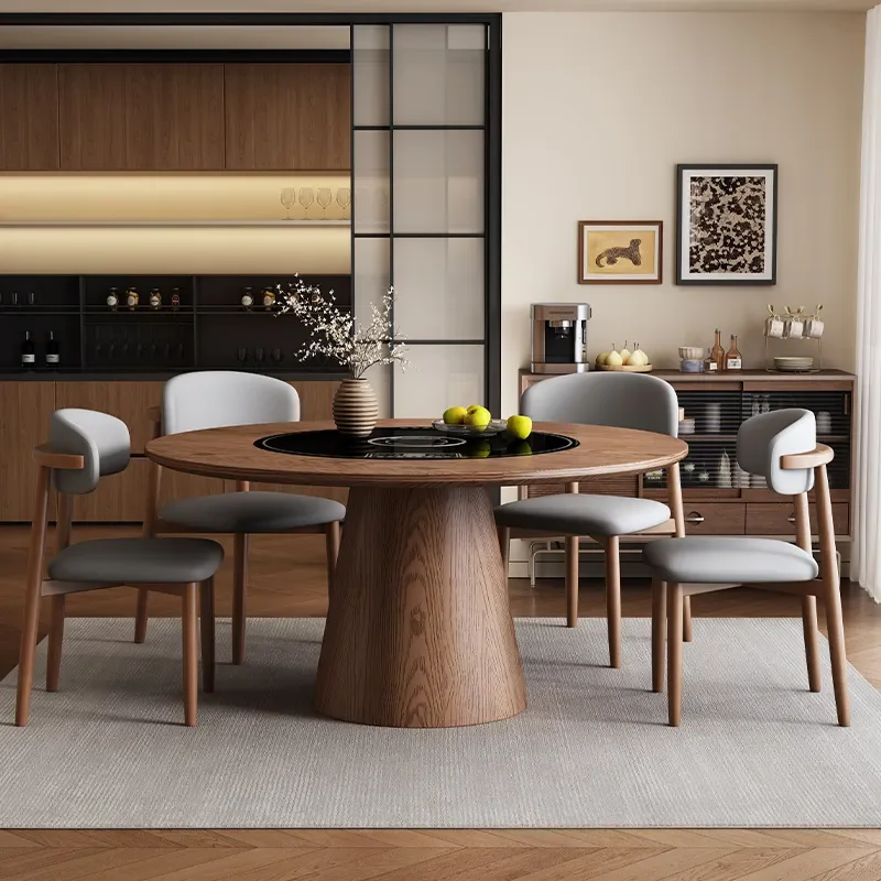 for Medieval Solid Wood Round Dining Table with Embedded Warmer Turntable Induction Cooker Simple Household Ash Wood Dining
