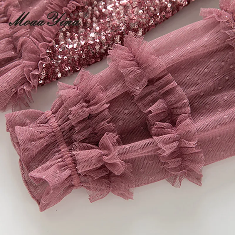 MoaaYina Vestido feminino de malha de renda com decote em V manga lanterna em camadas plissado lantejoulas patchwork S-4XL ﻿