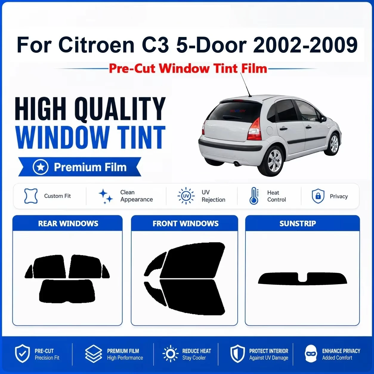 Pre-Cut Privacy Window Tint For Citroen C3 5-Door 2002-2009 Front & Rear Windows, Premium UV Heat Rejection Auto Film car A+++