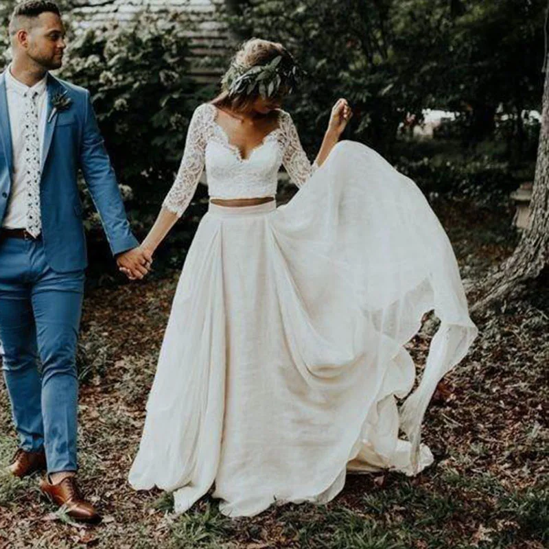 

Smileven 2 Pieces Wedding Dress 3/4 Long Sleeves Lace Top Beach Bride Dresses V Neck Elegant Wedding Bridal Gowns 2019