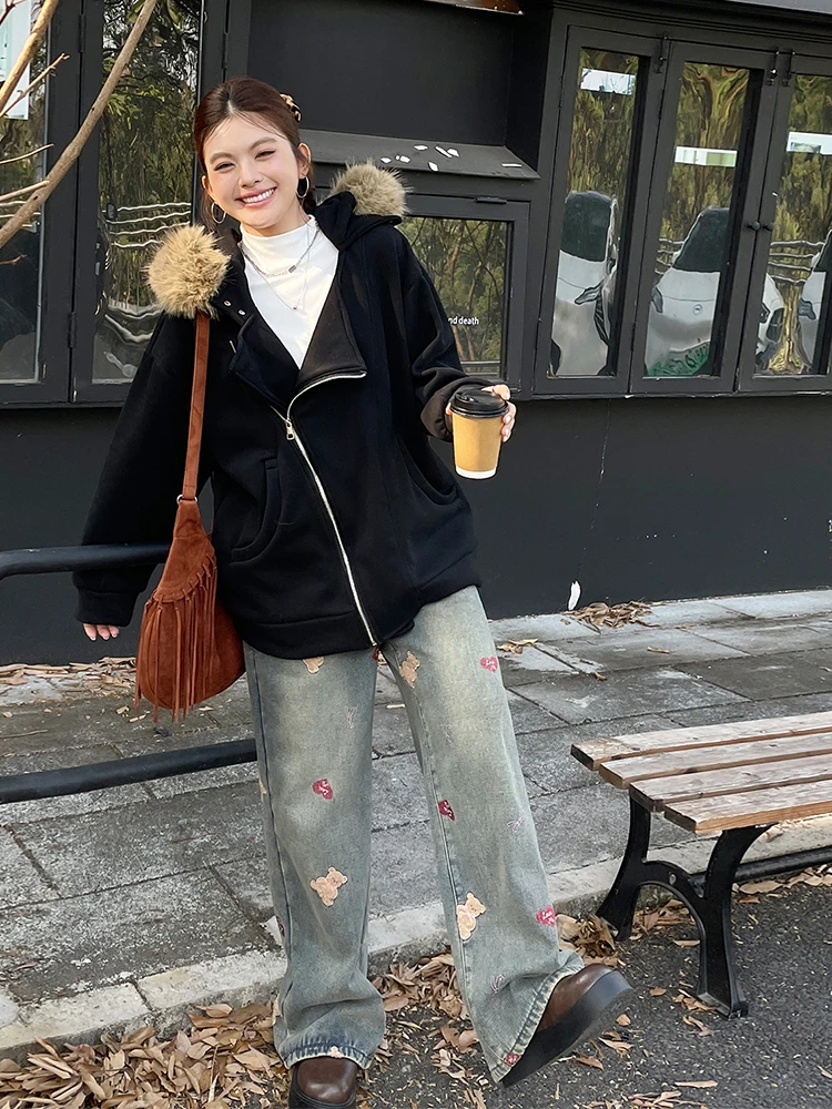 

Loose Fce Lined Hooded Thiened Long Sve Winter Jaet Faionable Top for plus Size Women Autumn Winter New Arrival