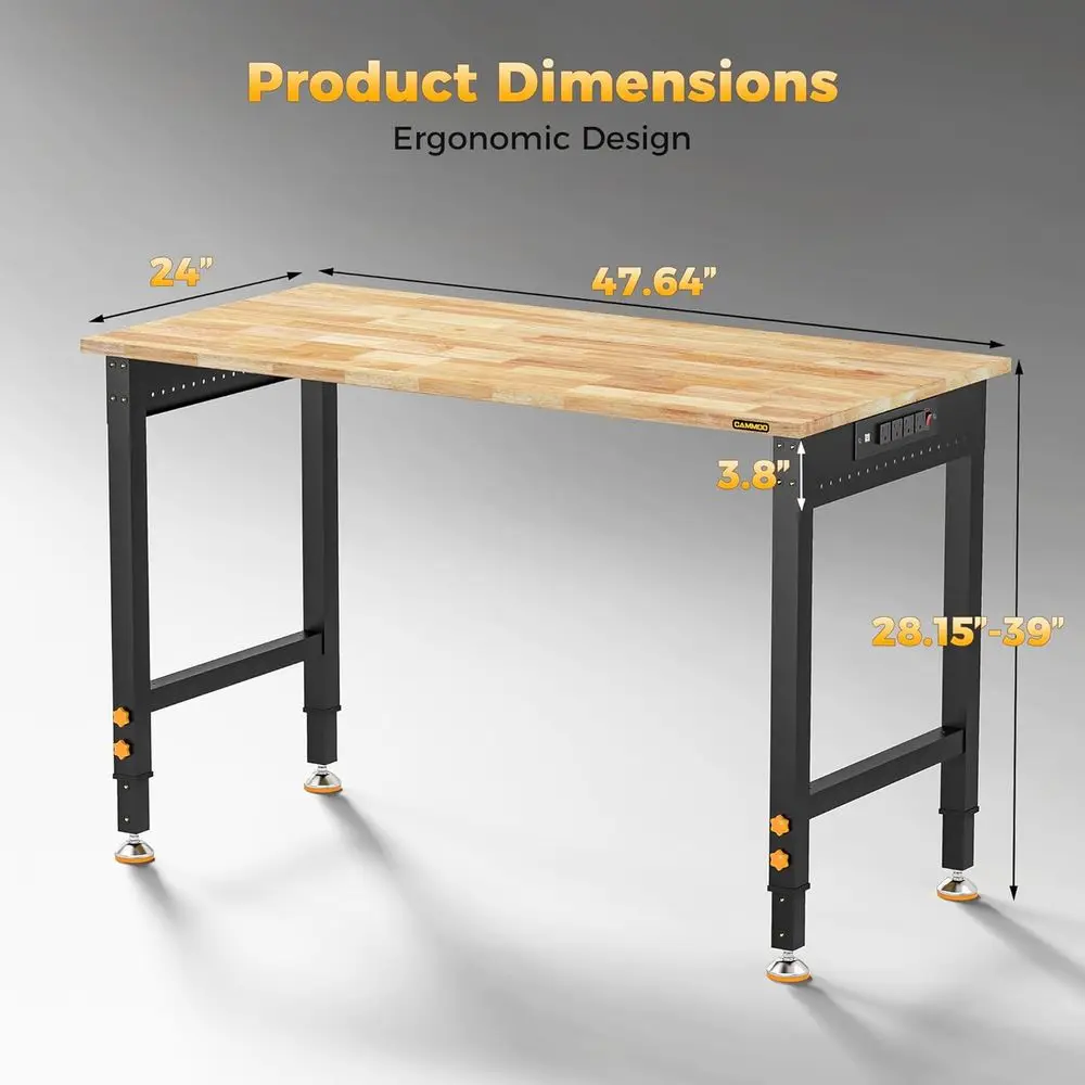 48 Inch Adjustable Workbench 2000 LBS Capacity, Power Strip, Solid Rubber Wood Top, Heavy Duty Craft Work Table for Home, Garage
