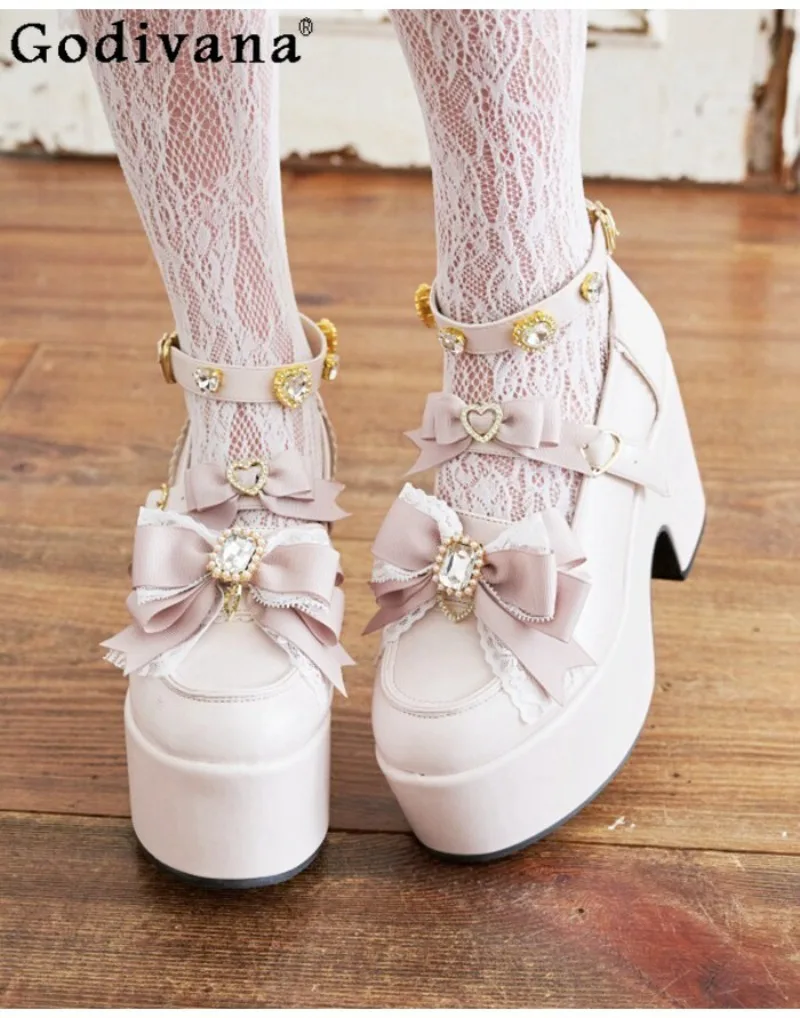 

Japanese INS Sweet Bow Rhinestone Lolita Shallow Mouth High Heels Mine Style Thick Heel Lolita Mary Jane Single Shoes Womens