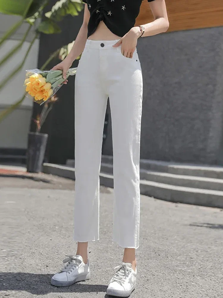 Wome Jeans Solid White Casual High Waist Street Wear Ankle Length Straight Leg Summer Denim Pants For Ladies 2024 Pocket Zipper