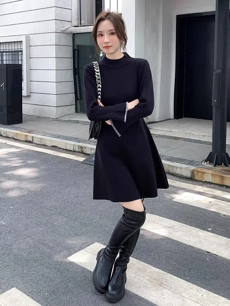 Suéter de Camada Base Tricotado Bla Hepburn Sle Dr, Saia A-Line de Cintura Alta, Tecido Elástico, Longa, para Deslocamento Urbano