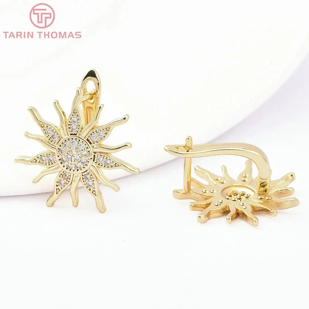 (8575) 4PCS 20x19MM 24K Gold Color Brass with Zircon Sun Flower Shaped Earring Clip High Quality DIY Jewelry Making Findings