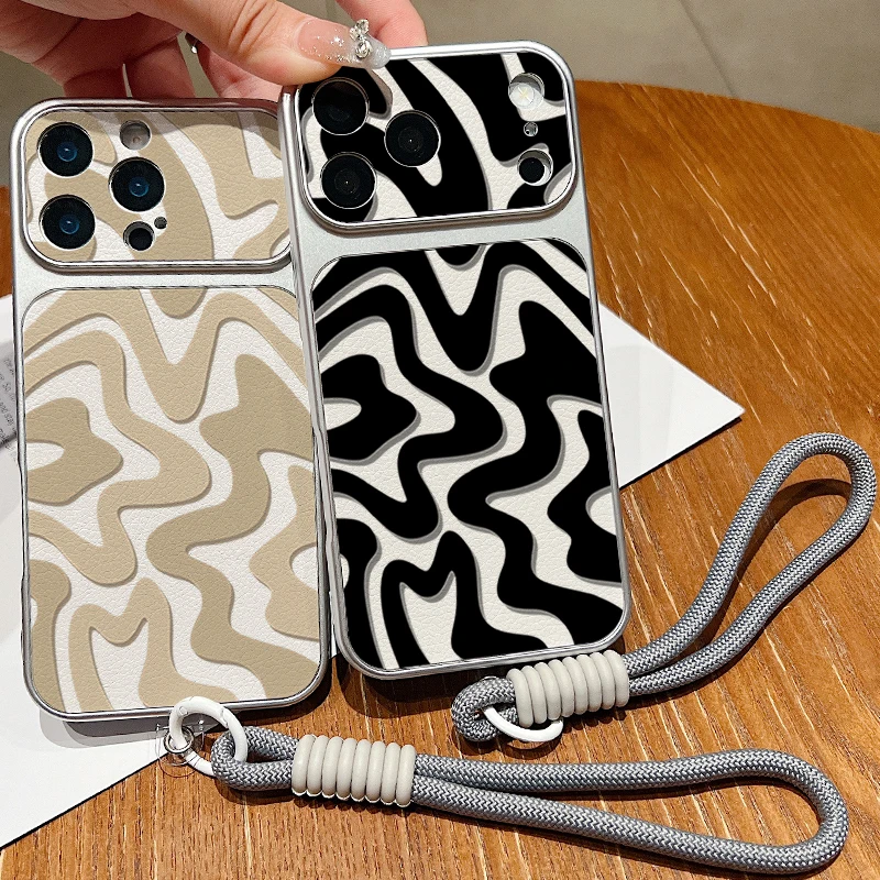 Matte Leather Texture Phone Case For iPhone 17 Pro 16 15 14 13 Pro Max Striped Pattern Wrist Strap Lanyard Soft TPU Back Cover view 2