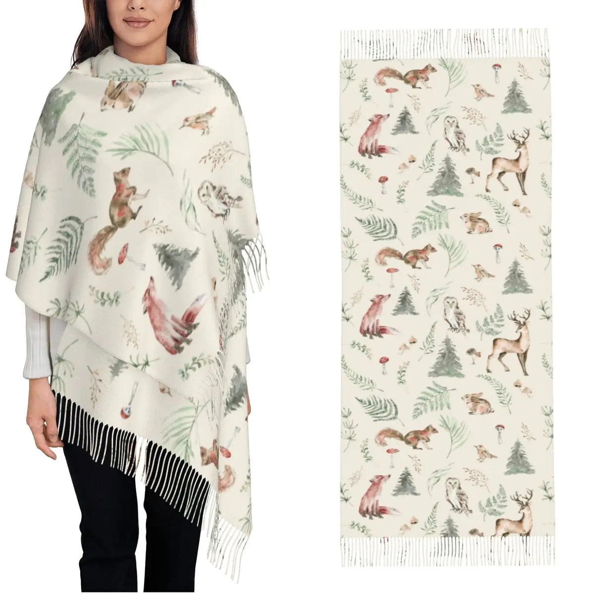 Womens Tassel Scarf Watercolor Forest Animals Long Winter Fall Shawl Wrap Cute Woodland Deer Fox Gifts Cashmere Scarf