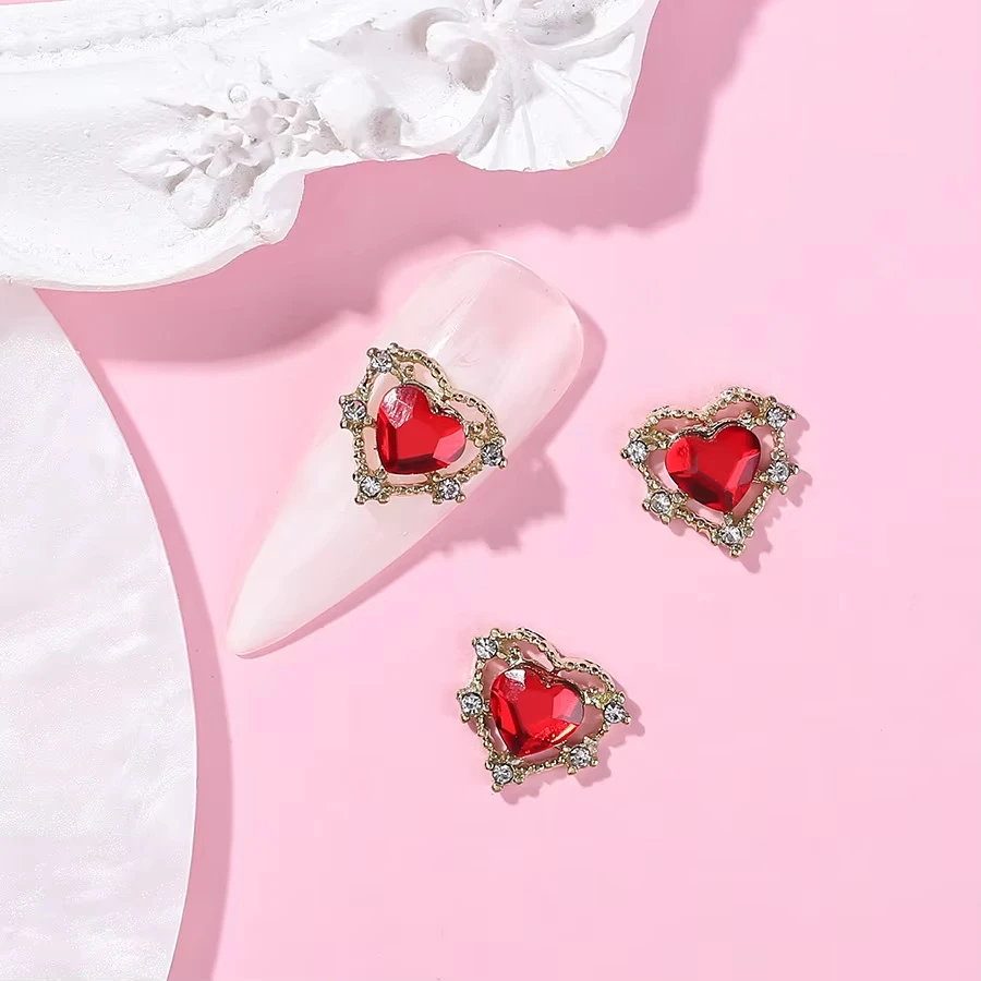 New 10Pcs Metal Alloy Queen Series Crown Hollow Out Love Jewelry Red Rhinestone Gems 3D Nail Art Charms Decorations Bulk Supply