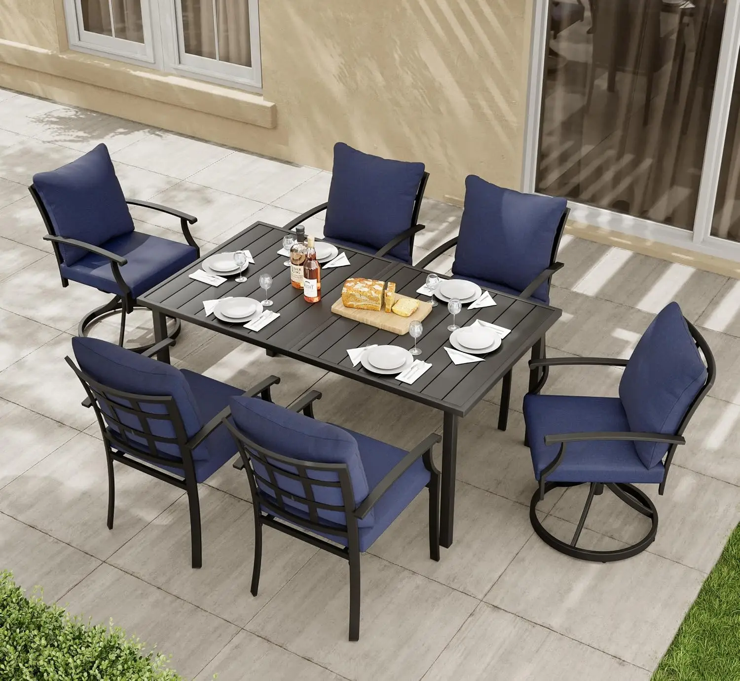 7-Piece Metal Patio Dining Set, Umbrella Hole Table, 4 Stackable & 2 Swivel Chairs for Porch Garden, Customized