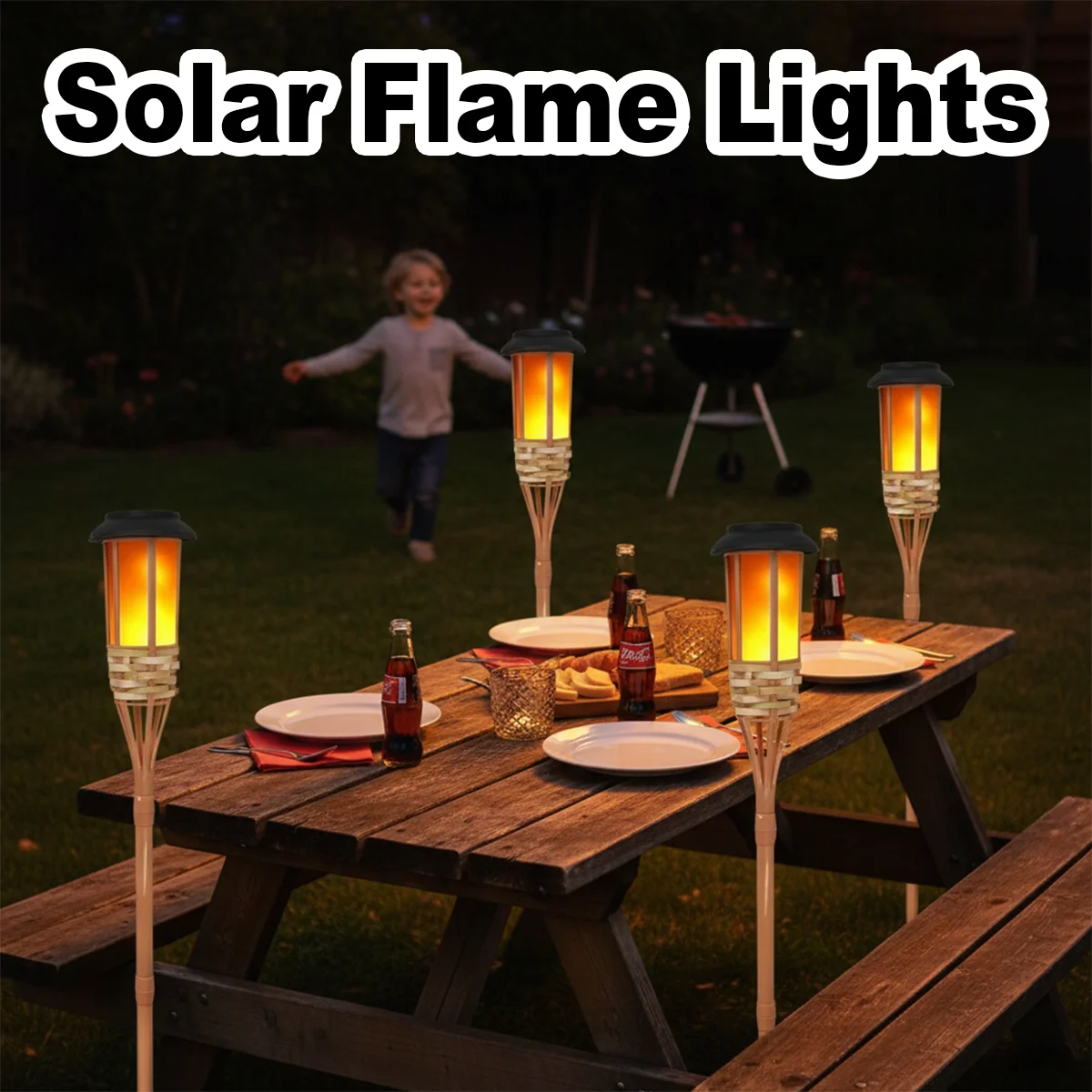 Solar Flickering Flame Torch Light Bamboo Decorative Lights Powered Lawn Patio Outdoor Landscape Waterproof Garden Pathway Porch
