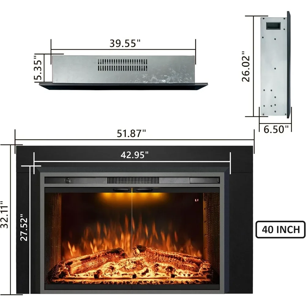 Electric Fireplace Insert with Metal Trim Kit, Adjustable Flame, Fire Crackling Sound, Top Light Colors, Timer, Glass Door