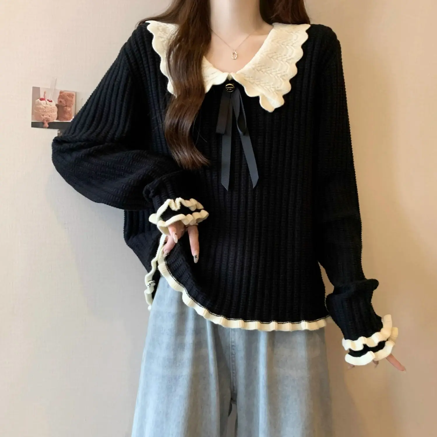 Chic Peter Pan Collar Ruffles Knitted Sweater Women Fashion Plus Size Loose Pullover Tops Autumn Winter Long Sleeve Sweater