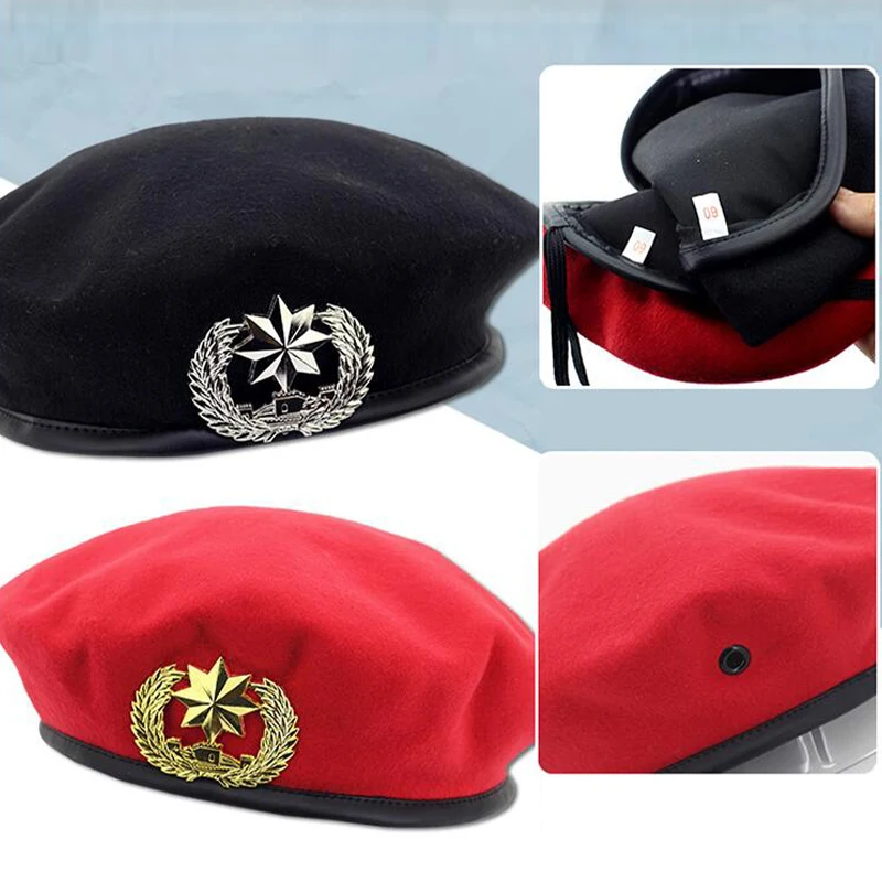 Men Women Wool Felt Berets Metal Badge Decor Sailors Dance Stage Performance Hat Military Fans Army Cap Security Cap Adjustable