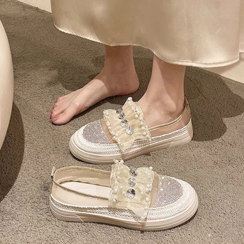 

Women's European Style Slip On Loafers Lace Rhinestone Mesh Breathable Platform Fisherman Shoes