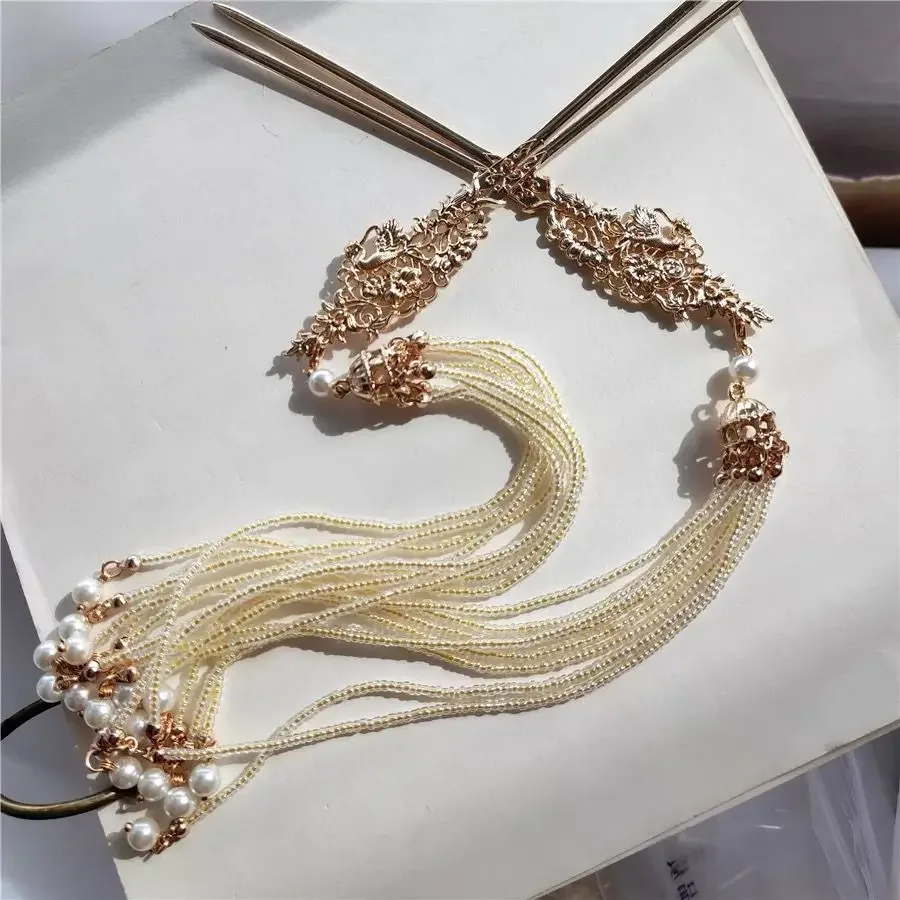 Womens Gold-plated Phoenix Hair stick Long Fringe Ancient Style Headwear