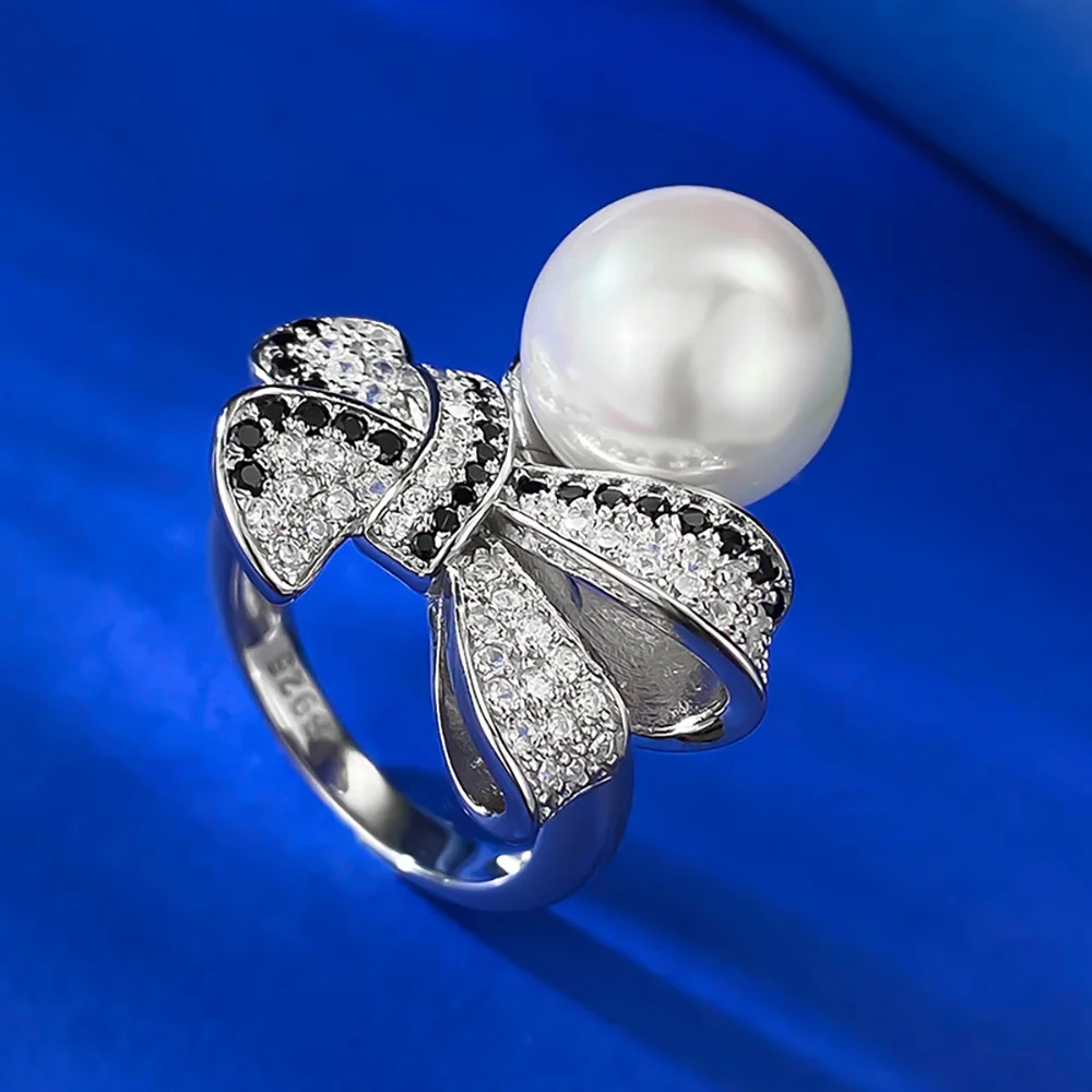 Luxury 100% Real 925 Solid Silver Round 12mm Pearl Bowknot Rings for Women Charms High Carbon Diamond Party Fine Jewelry Gifts