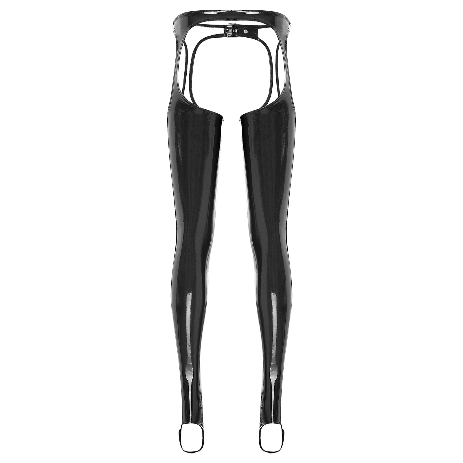 Women Patent Leather Chaps Pants Sexy Clubwear Buckle Waist Open Crotch Butt Thigh Leggings Cutout Skinny Pants Erotic Underwear