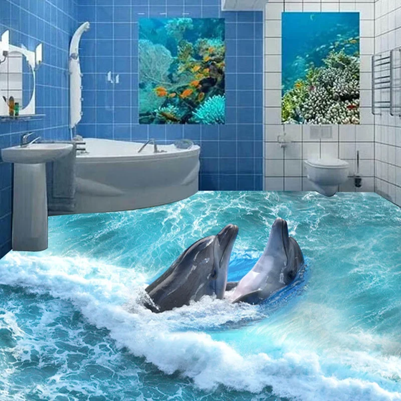 

Custom Photo Floor Wallpaper 3D Stereoscopic Dolphin Ocean Bathroom Floor Mural PVC Wallpaper Self-adhesive Floor Wallpaper