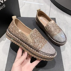 Women Shining Rhinestone Flats Loafers Slip-on Thick Botton Casual Woman Crystal Shoes Female Fashion Sneakers Sports Running