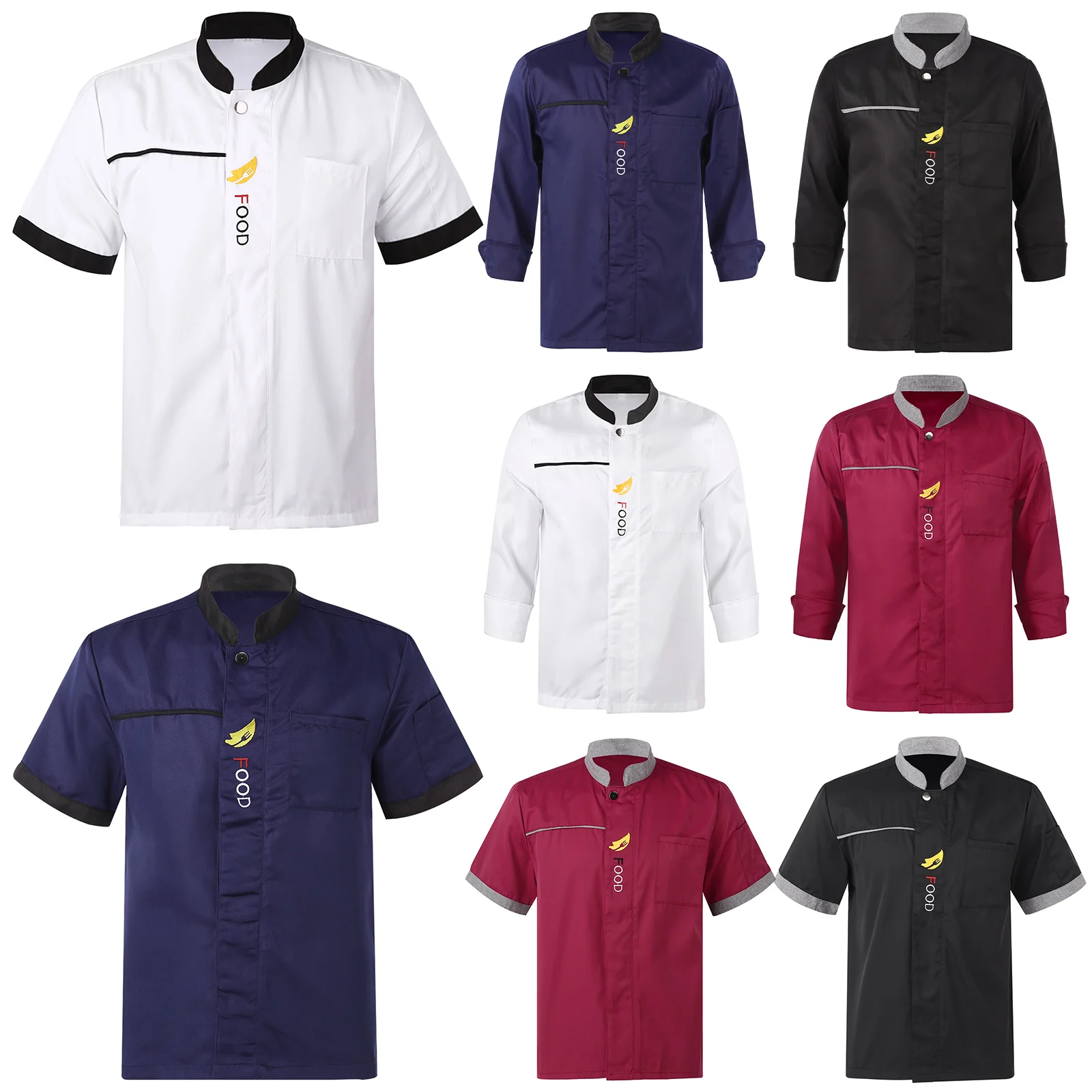 Unisex Restaurant Kitchen Chef Uniform Shirt Short/Long Sleeves Letter Embroidery Stand Collar Button Chef Jacket Works Clothes