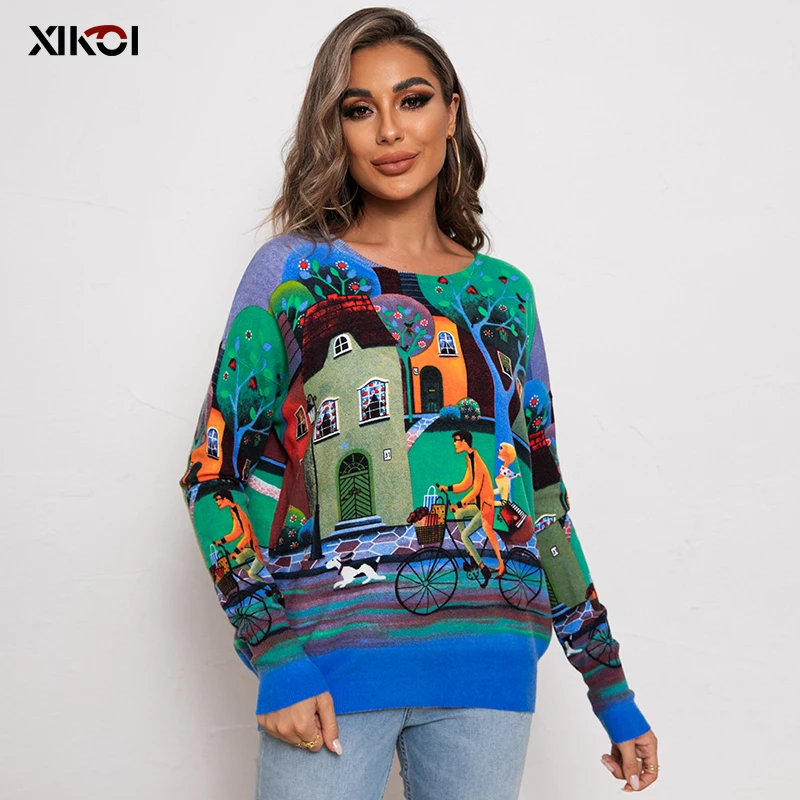 XIKOI 2022 Frauen Gestrickte Pullover Mode Übergroßen Pullover Beiläufige Lose O Neck Damen Winter Lose Lange SleeveTops 6383