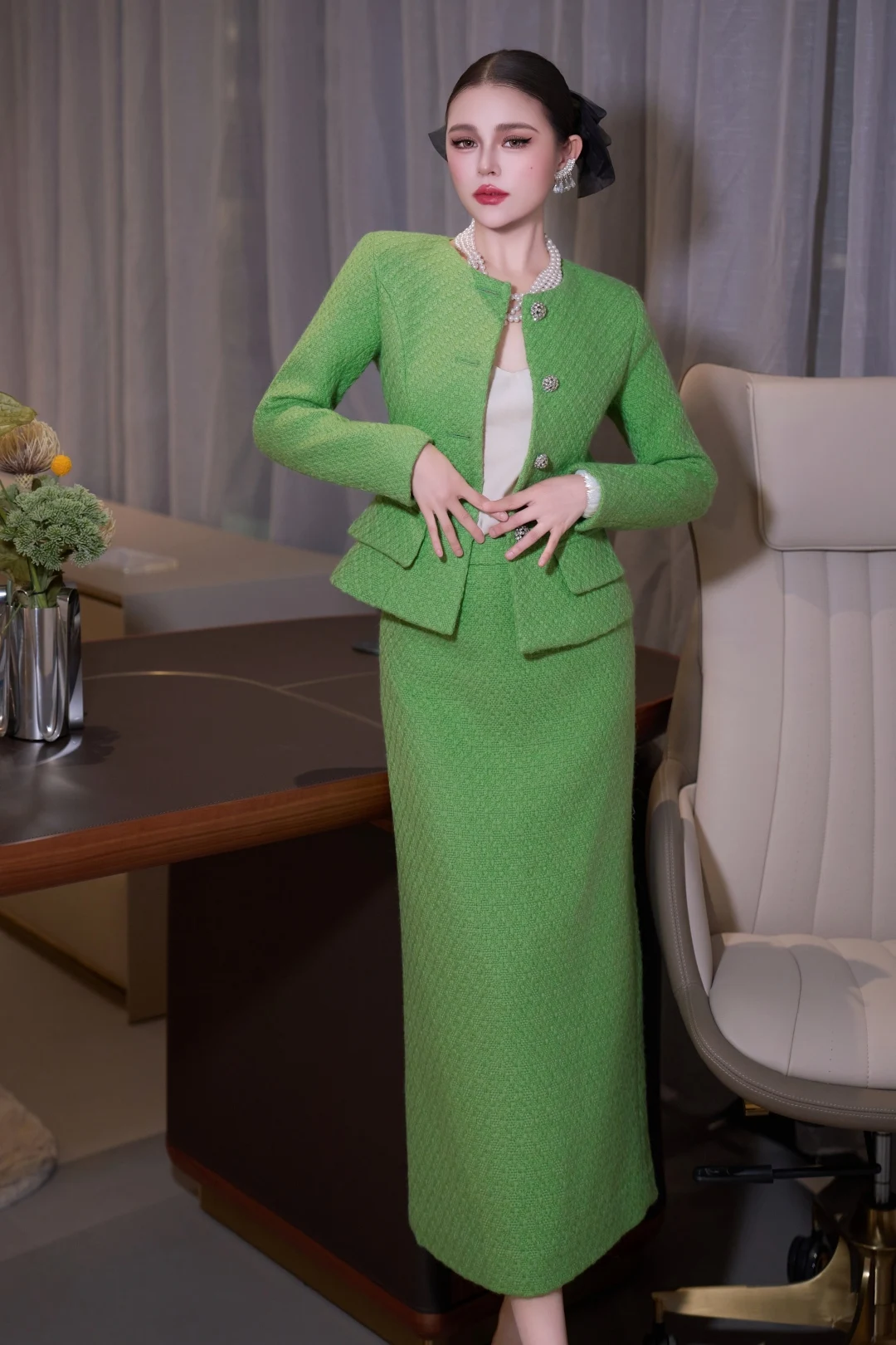 ZJYT أنيقة الخريف الشتاء المرأة سترة صوفية وتنورة دعوى 2 قطعة الزي الأخضر موضة فستان الحفلات مجموعات الملابس النسائية