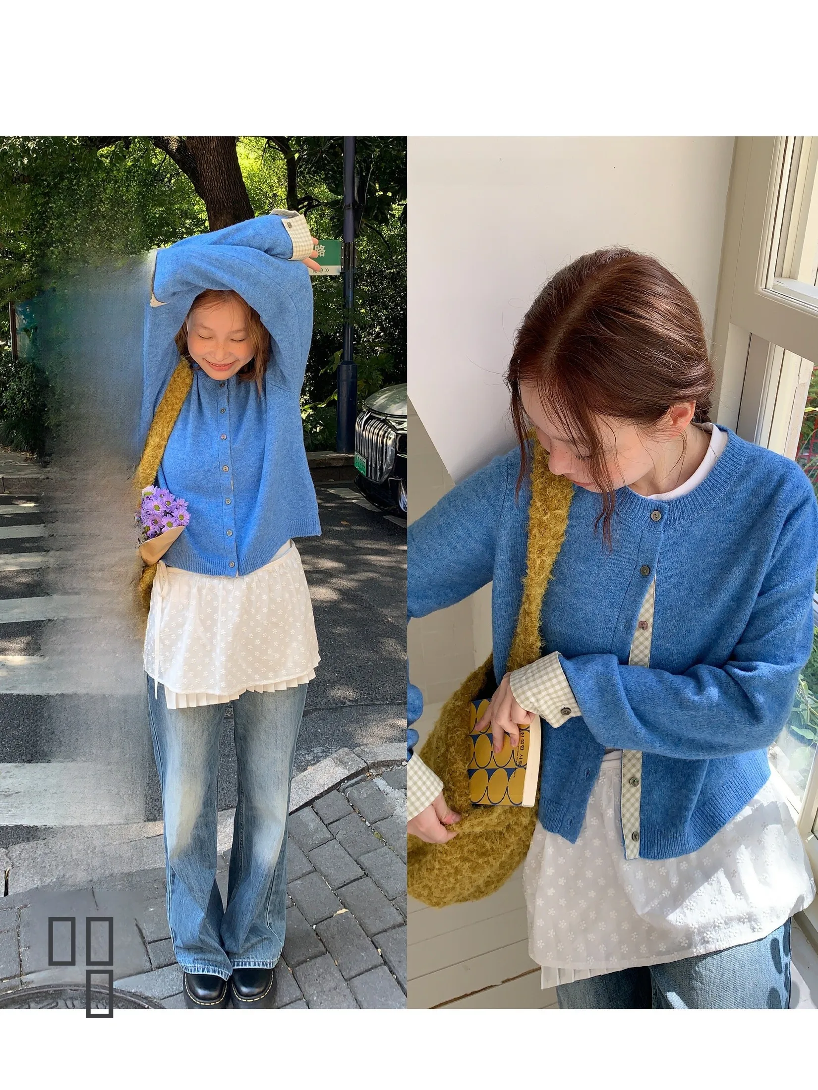 

Синий вязаный свитер, женский свободный свитер, искусственный двухсекционный осенний ранний корейский свитер для поездок на работу, однотонный длинный све, круглый Ne