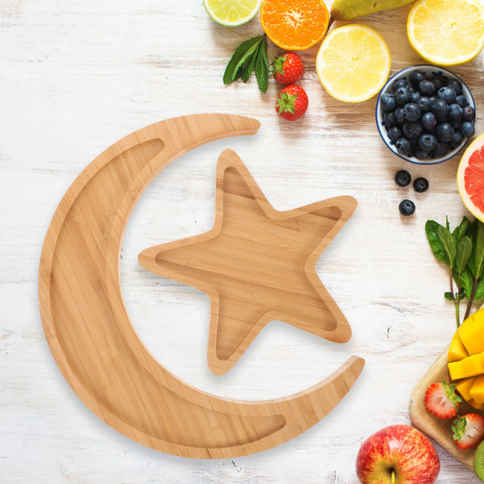 2Pcs Star Moon Design Bamboo Fruit Tray Sturdy Wear-Resistant Serving Dish for Candy Dried Fruit Tea Cups Table Organization