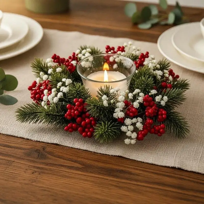 Christmas Candle Holder Wreath Faux Pine Branch Red Berry Garland for Front Door Dining Room Xmas Decor