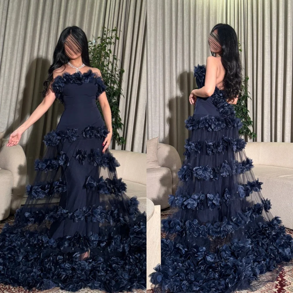 Customized Evening  Sexy Casual  Tulle Flower Beading Ruched Clubbing A-line Strapless Bespoke Occasion Gown Long Dresses