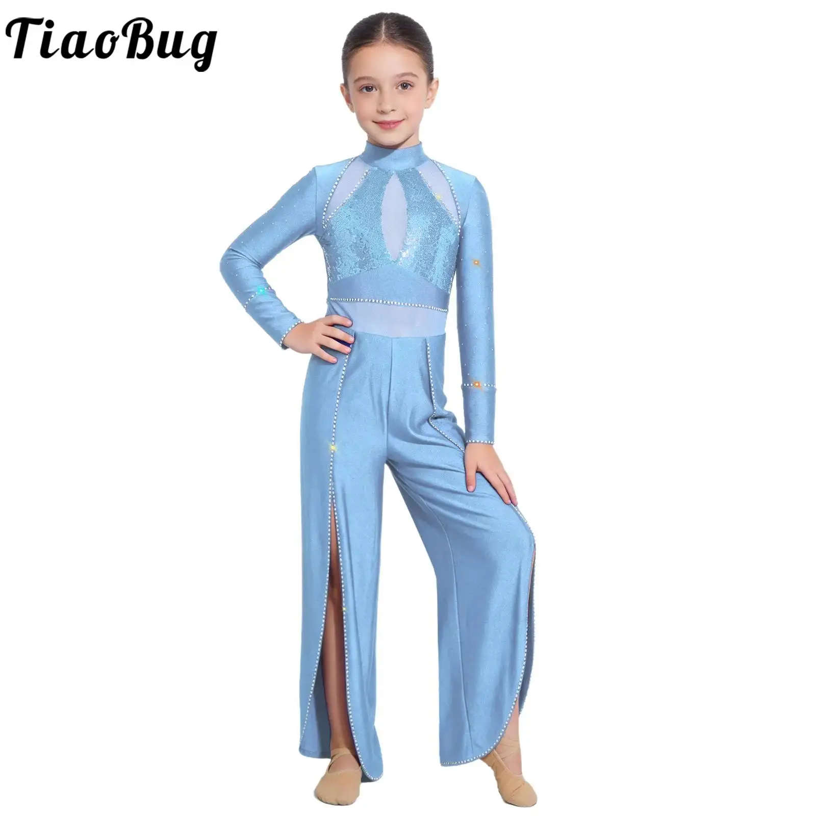 Kids Girls Ballet Lyrical Dance Jumpsuit Skating Gymnastics Modern Dancewear Shiny Rhinestones Long Sleeve Wide-Leg Bodysuit