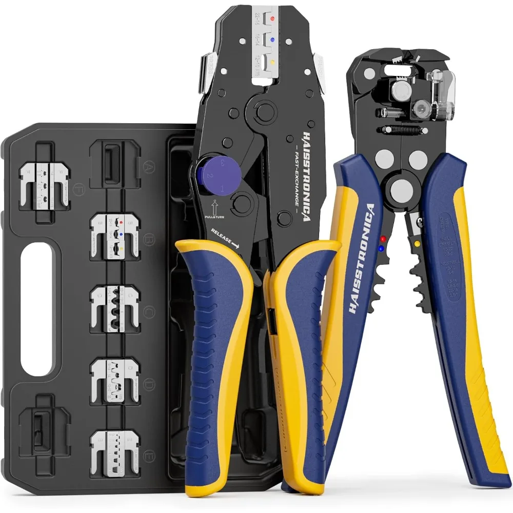 8PCS Ratchet Crimping Tool Set with Pressure Regulating, Automatic Wire Stripper Heat Shrink, Non-Insulated, Ferrule Connectors