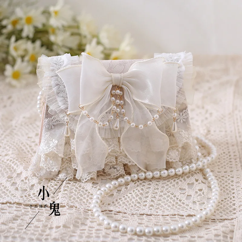 Women Lolita Shoulder Bag Cute Girl Handmade HandBag Bowtie Lace Imitation Pearl Cross Body