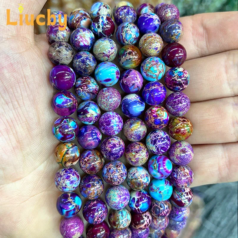 Mixed Color Natural Stone Purple Blue Round Beads 4/6/8/10mm for DIY Jewelry Making Bracelet Accessories 15 Inch Patterned