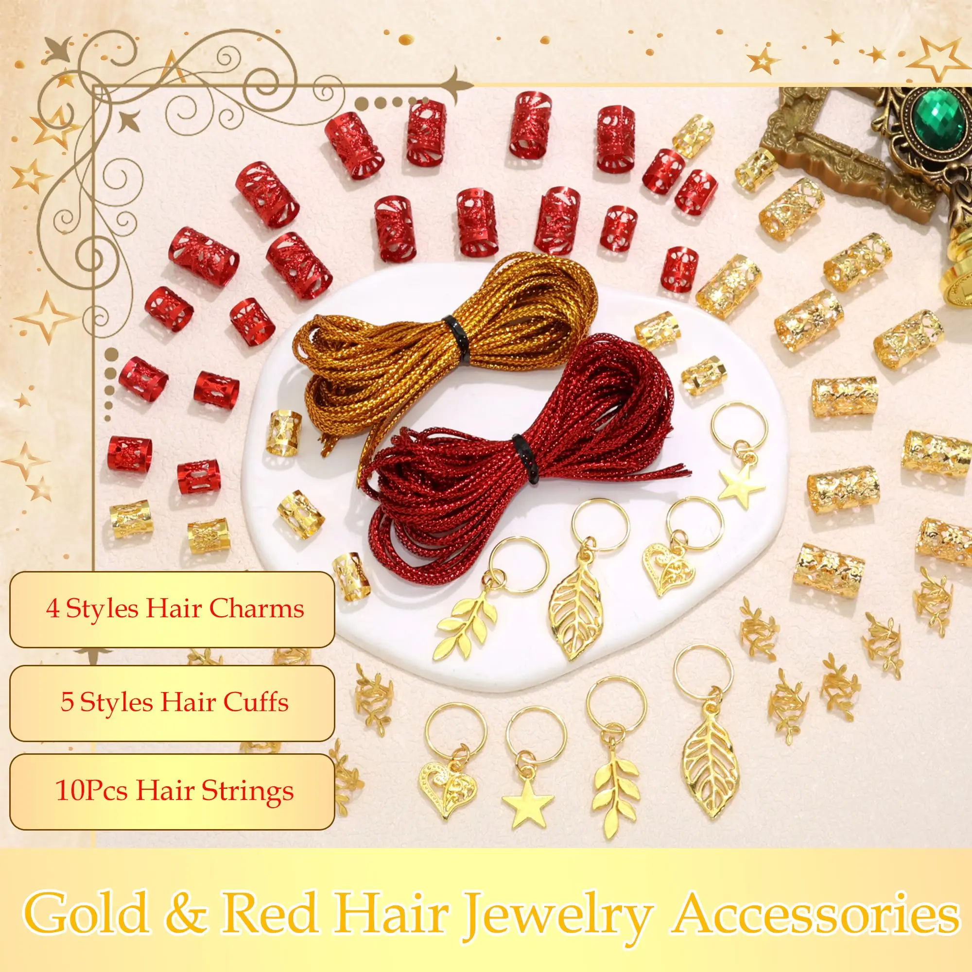 Bohemian Red & Gold Hair Jewelry Set - 68pcs Dreadlock Accessories with Charms, Beads & Braiding Cords