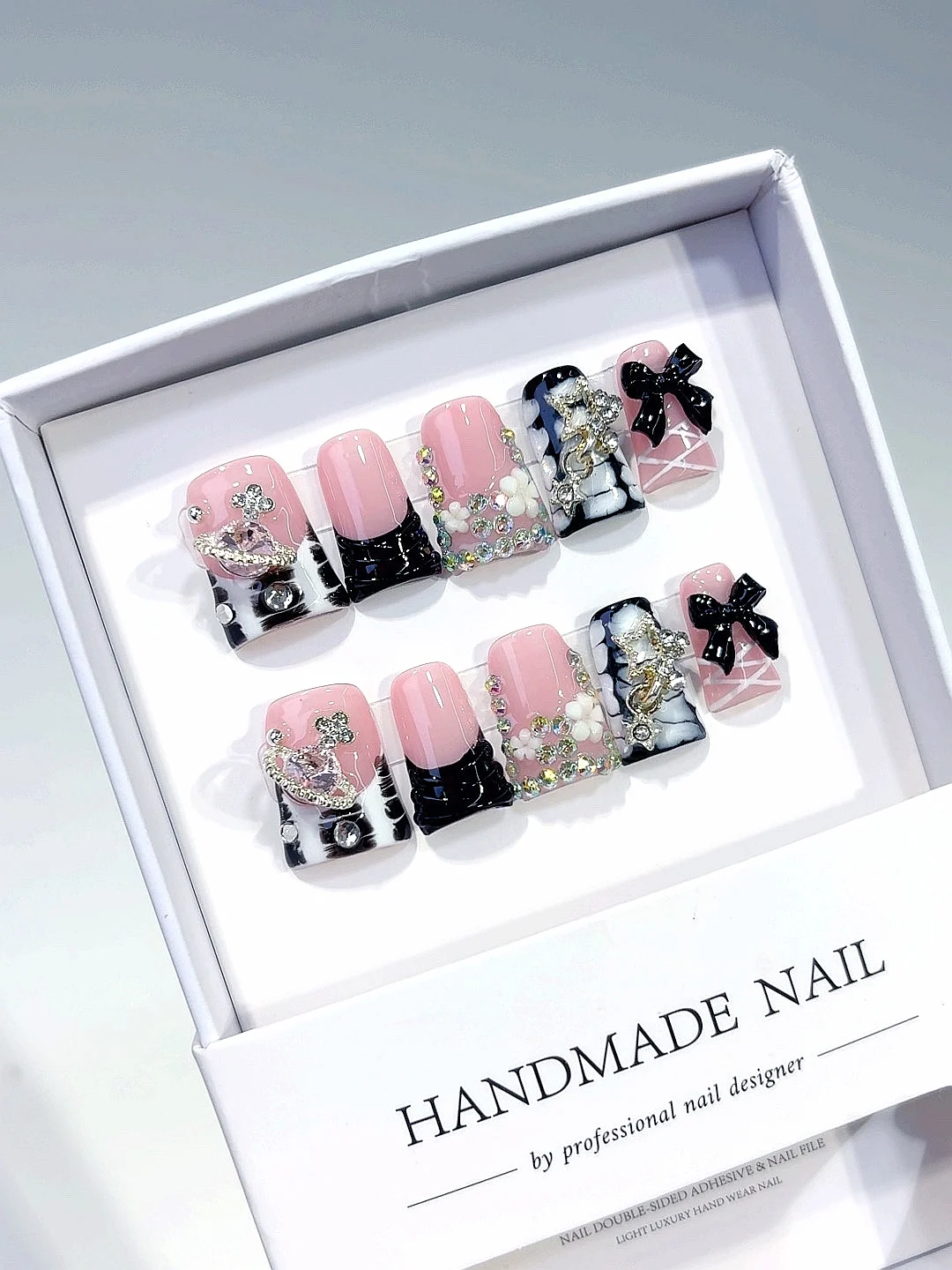 Roze zwarte strik strass raster pers op nagels (L225)