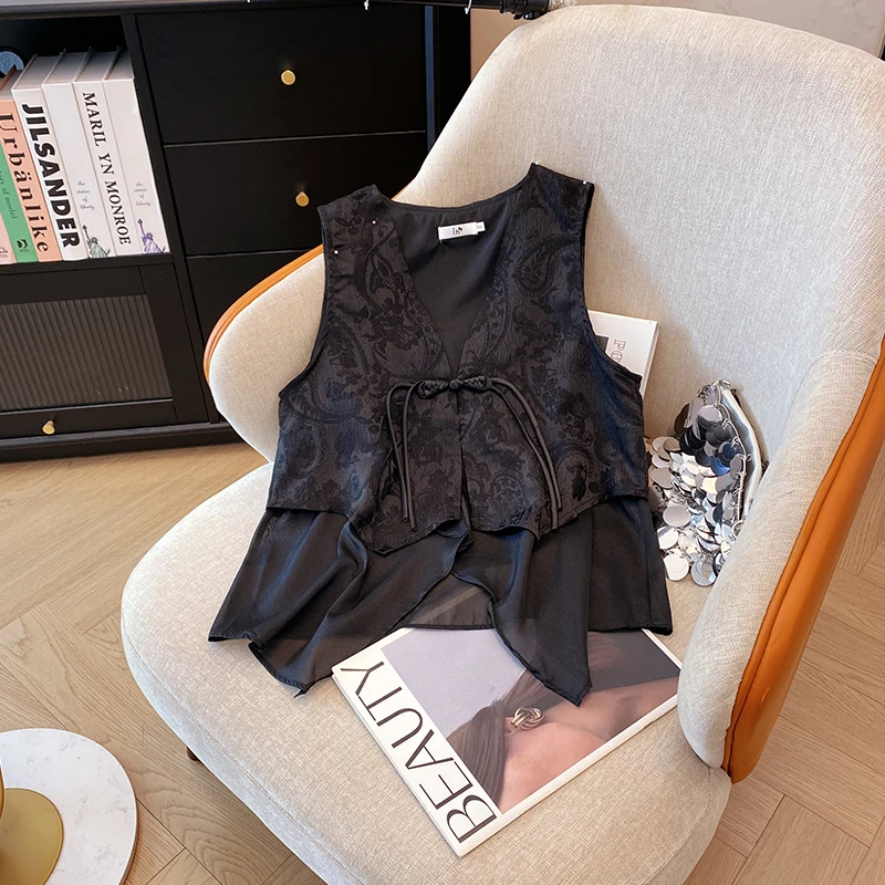 Chinese Style Jacquard Vest Shirt V-neck Buckle Stitched Chiffon Vest Loose Spring Summer Women\'s Clothing Shoulder Jacket Top