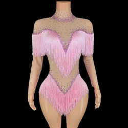 Sparkly Rhinestones Tassels Pink Bodysuit for Women Sexy Mesh Performance Dance Costume Dancer Stage Wear Nightclub Outfit