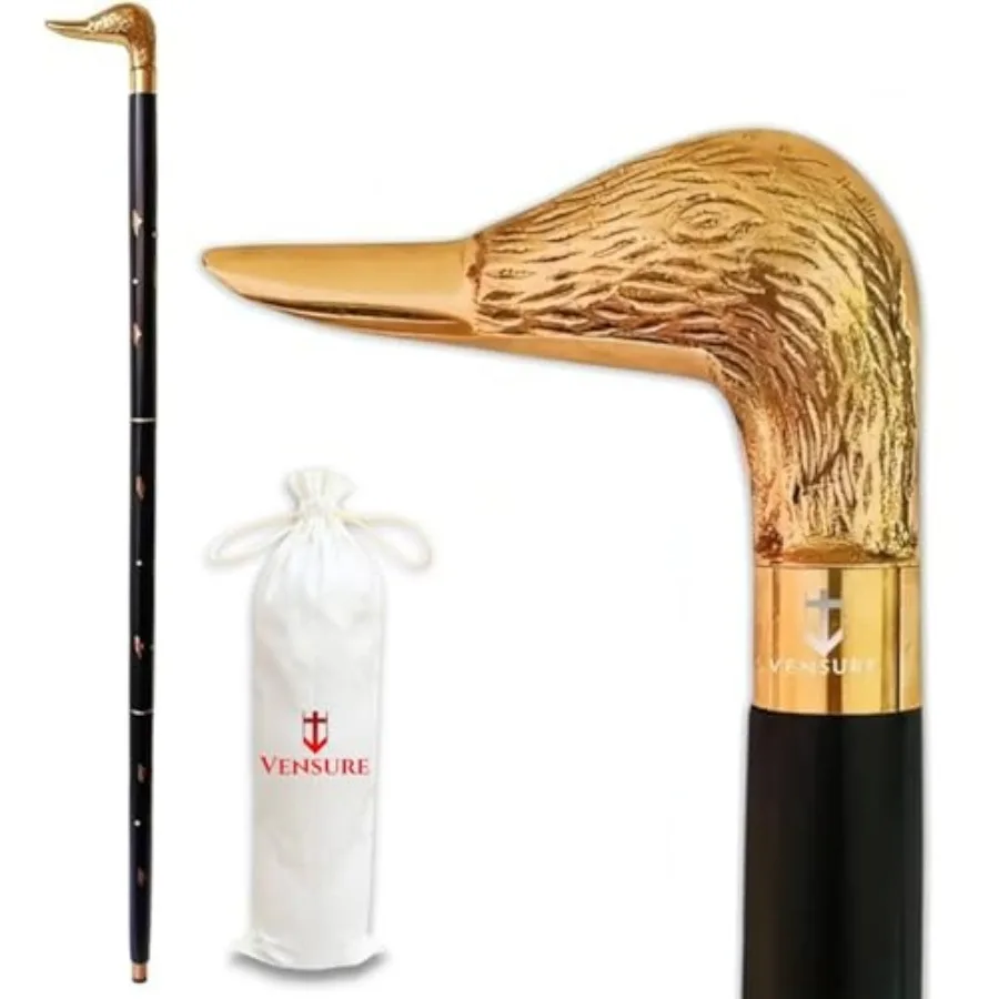 

Vintage Antique Walking Cane Black Wooden Walking Stick with Golden Brass Designer Duck Handle Wooden Walking Cane for Men and