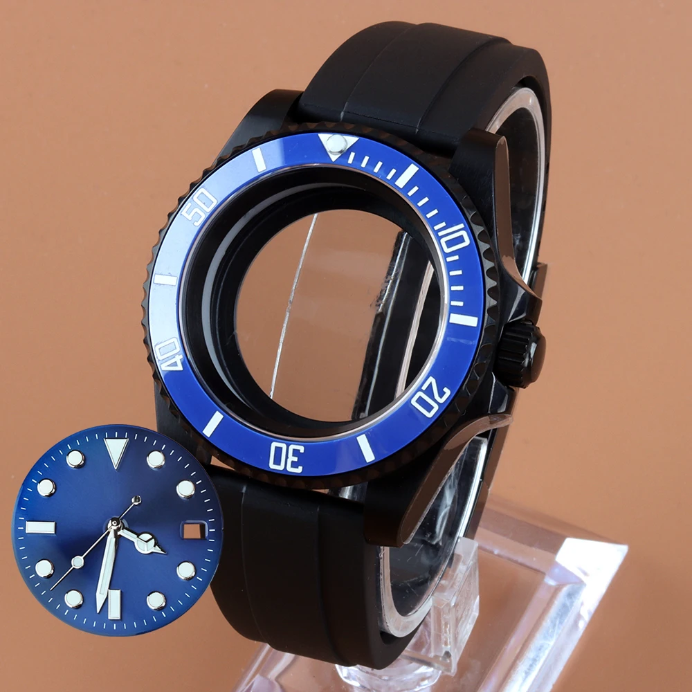 

40mm Case Sapphire Glass Rubber Bracelet 28.5mm Sunburst Dial Hands Green Luminous For NH35 NH36 NH38 Movement Stainless Steel