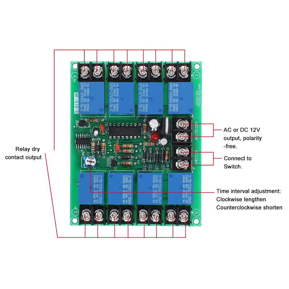 10A 2/8 Channel Relay Module Power Time Sequence Board, Adjustable Sequential Controller 0.5-4s