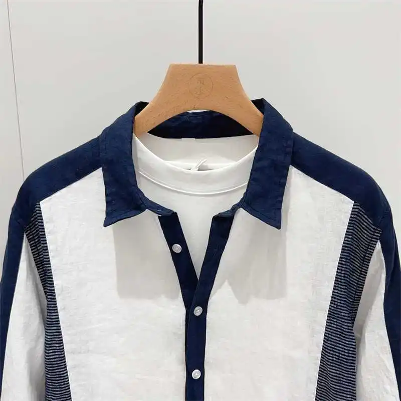 Spring Autumn New Fashion POLO Collar Striped Elbow Sleeve Men's Clothing Blouse Patchwork Contrast Color Chaopai Thin Shirts