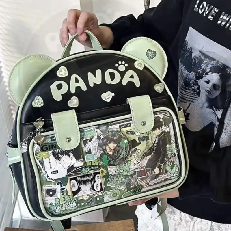 Cute Panda Y2k Lolita Backpacks Girls Transparent Pocket Harajuku Pain Bags PU JK Preppy Style Backpack Kawaii Ita Bag For Women