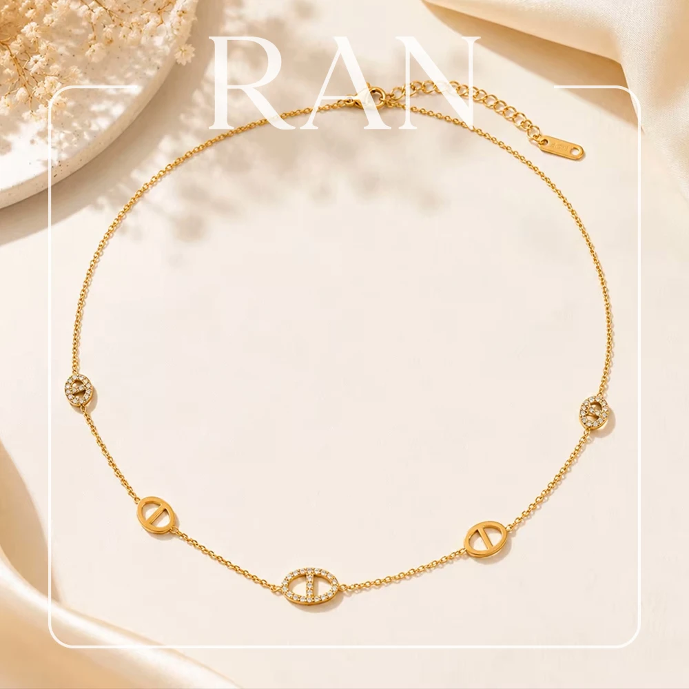 Stainless Steel Inlaid Zircon Pig Nose Choker Necklace 18K Gold Plated Mariner Link Chain Necklaces Women Statement Jewelry Gift
