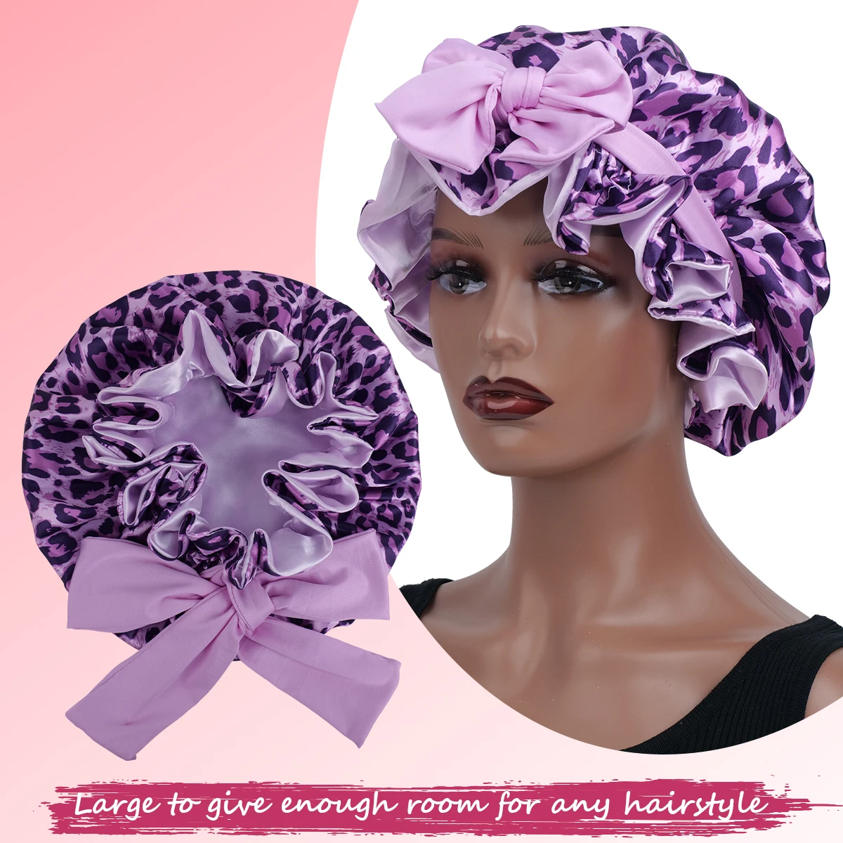 قبعة نوم للسيدات بطبعة الفهد الأرجواني مع شريط طويل وعقدة فراشة ناعمة ومريحة هدية العيد للطلاب والعائلة